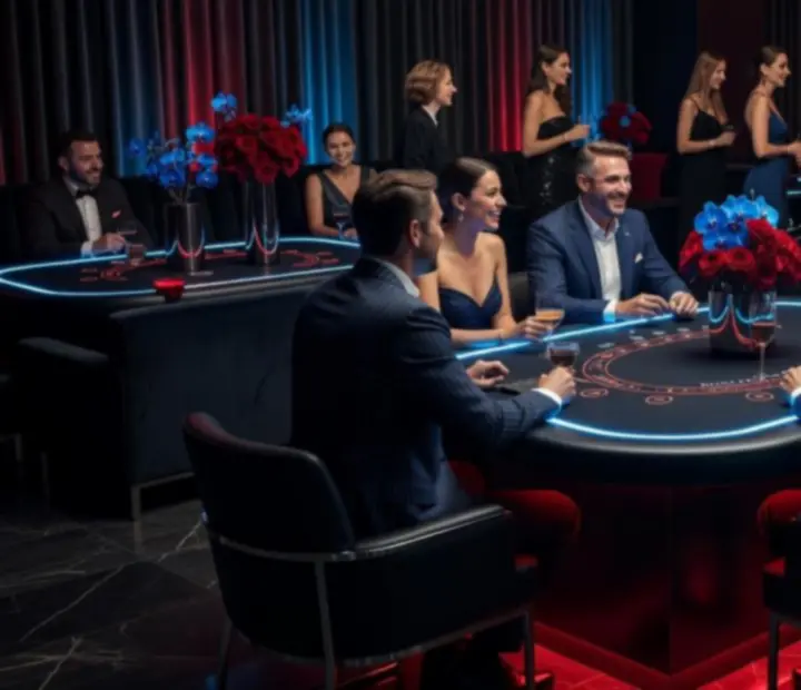 Noční atmosféra blackjack eventu se stylovým nasvícením a hosty