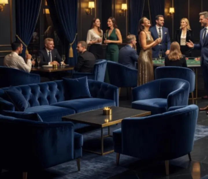Atmosférický poker lounge s hosty a náladovým osvětlením