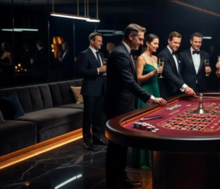 Luxusní večerní event se stolem pro ruletu a elegantně nasvíceným sálem.