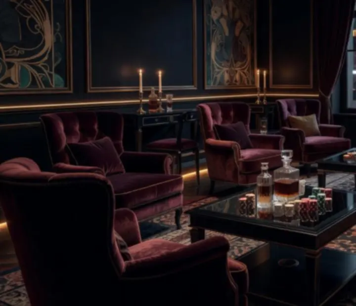 Privátní lounge s tlumeným světlem, komfortním sezením a herním stolem připraveným pro VIP hosty.