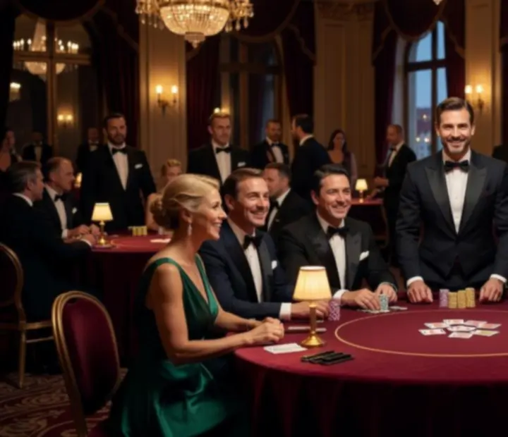 Elegantní večerní scéna s osvětlenými pokerovými stoly připravenými pro VIP hosty Boheria.